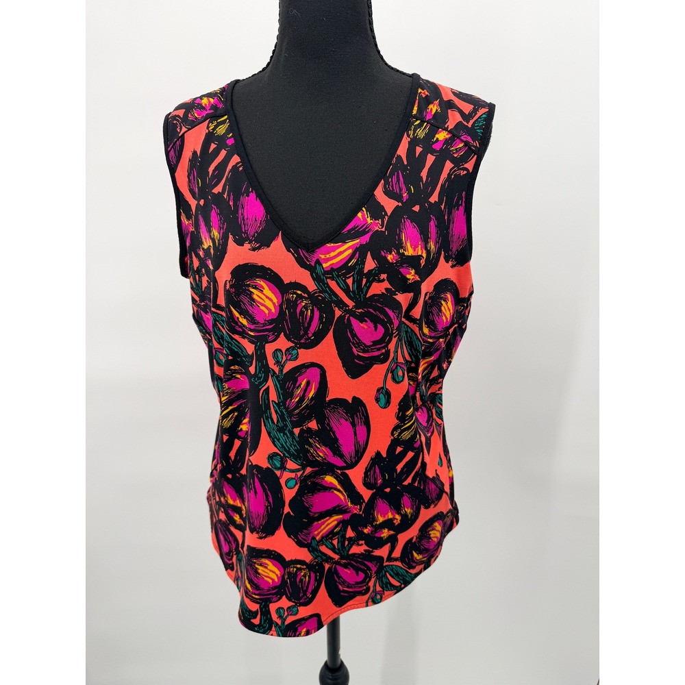 Worthington Sleeveless Top Women Large Coral Pink Floral V-Neck Stretch Top